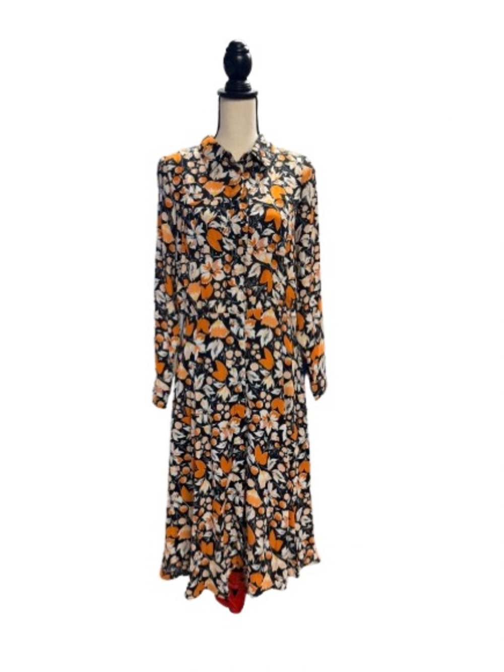 Who What Wear Floral Shirt Dress Black Orange Long Sleeve Midi Dress Medium - Picture 2 of 8